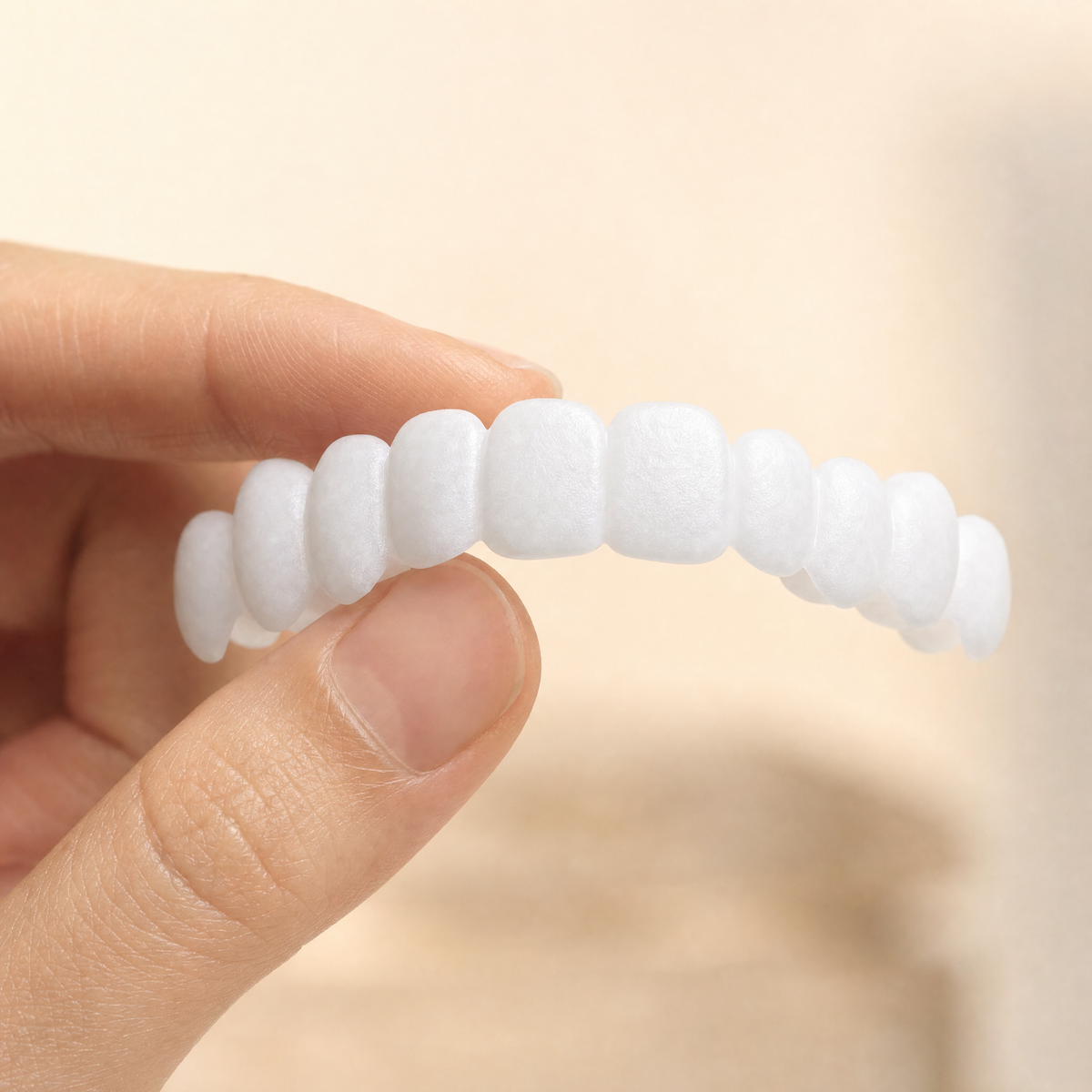 Hand holding the upper clip-on veneer