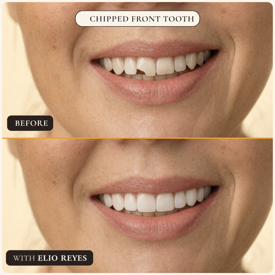 Illustration: chipped front tooth, then covered with Elio Reyes veneers
