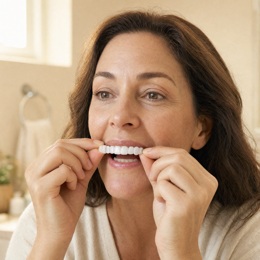Woman pressing the clip-on veneer onto her teeth