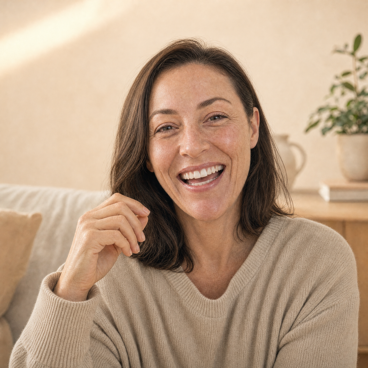 Woman laughing with a full smile