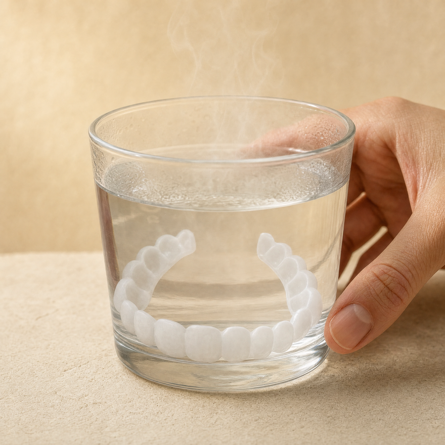 Clip-on veneer softening in a glass of hot water